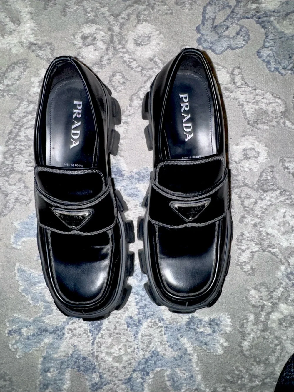 Prada Black Leather Lug Sole Penny Monolith Loafers